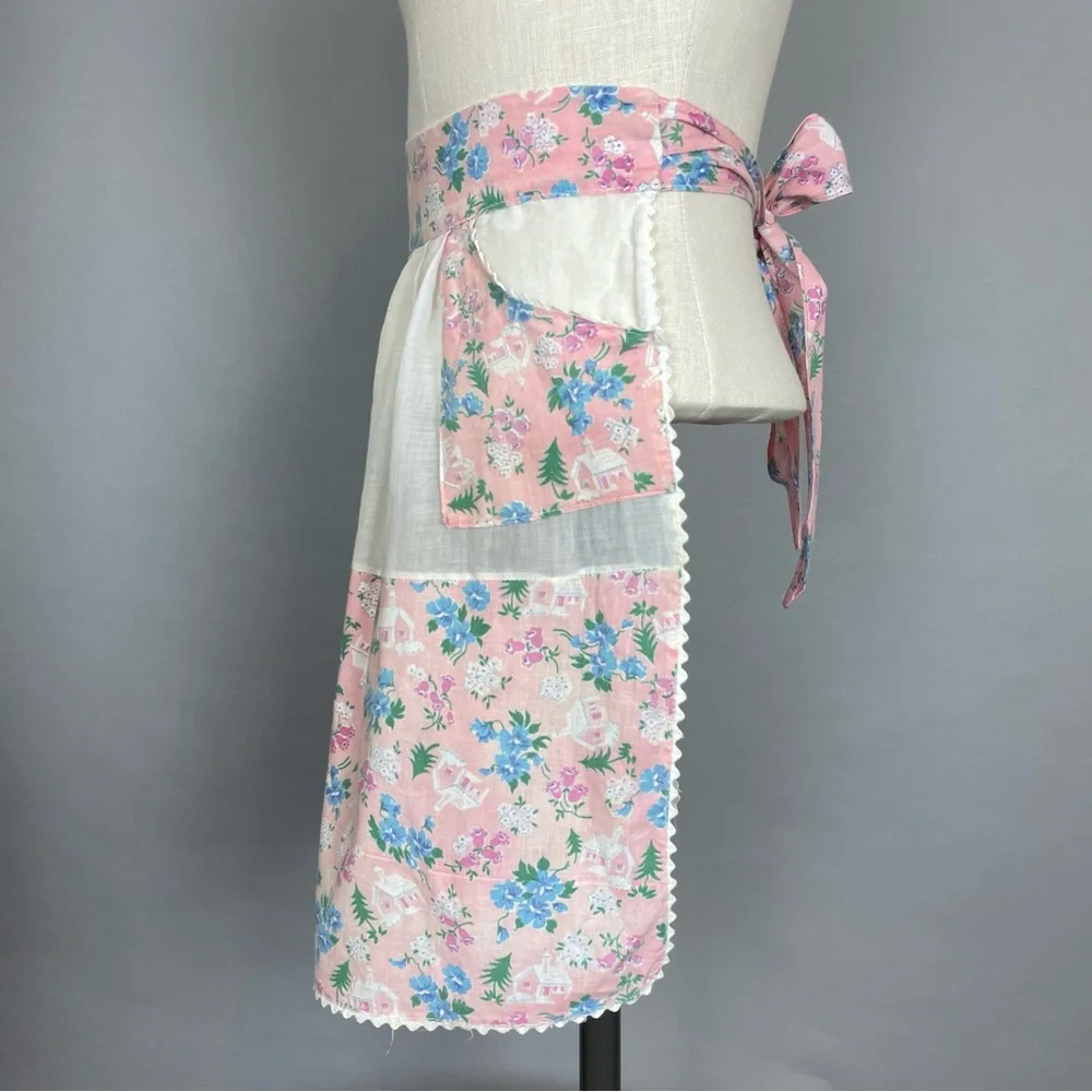 Vintage Half Apron Hostess Wedding Chapel Church Floral Pattern Sheer White Pink